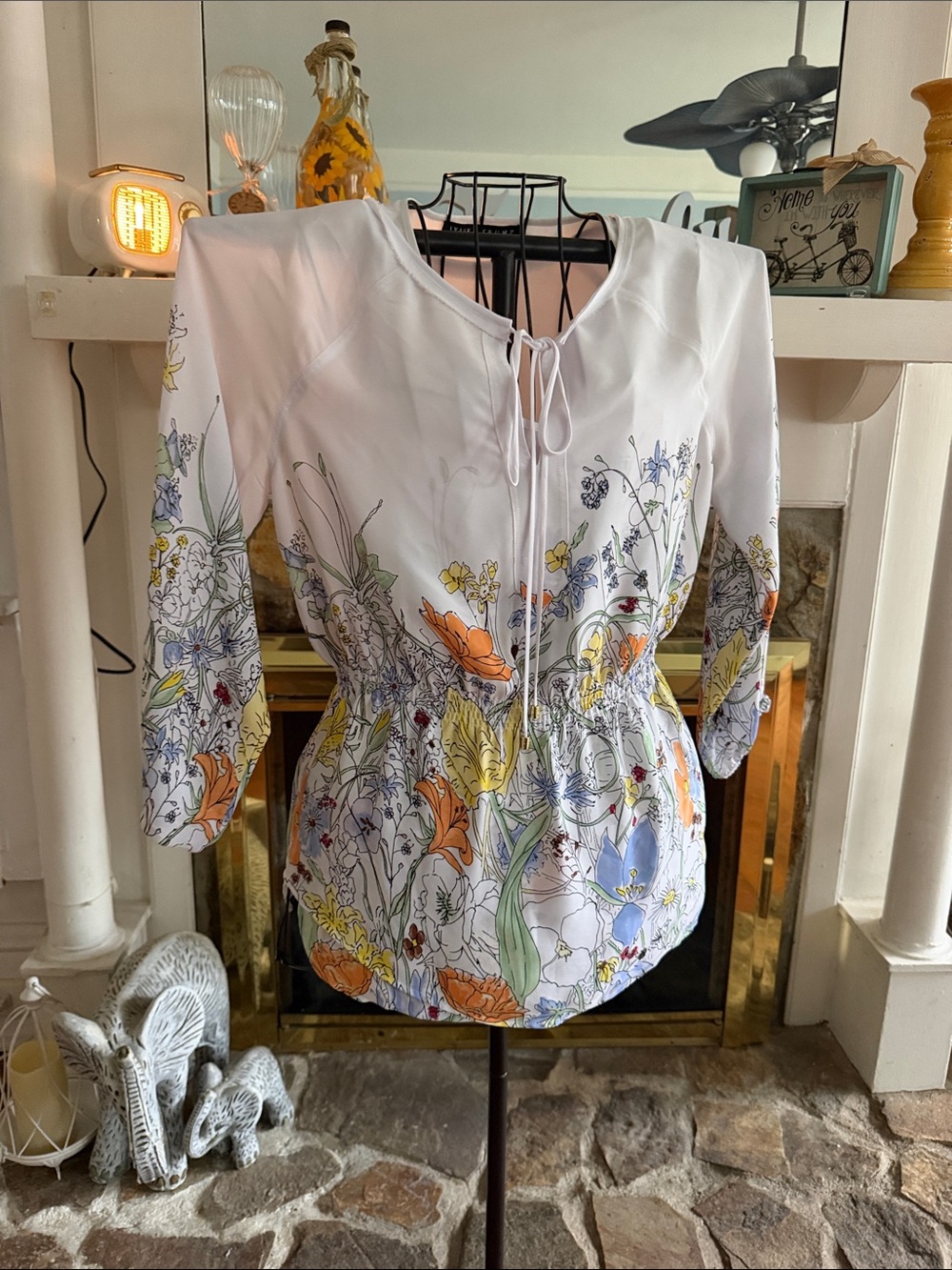Ivanka Trump White Floral Tie-Neck Peasant Blouse two piece